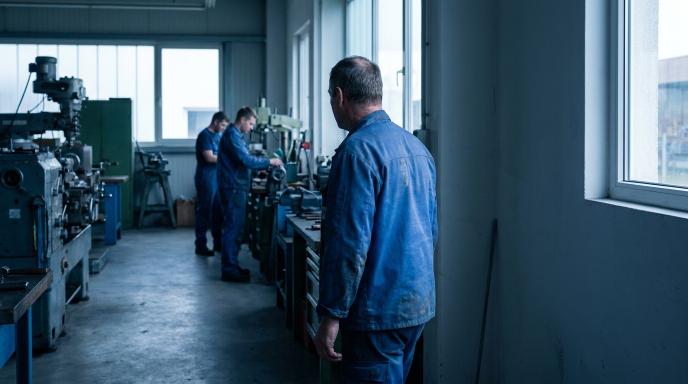 Eigenaar 's ochtends in zijn productiebedrijf