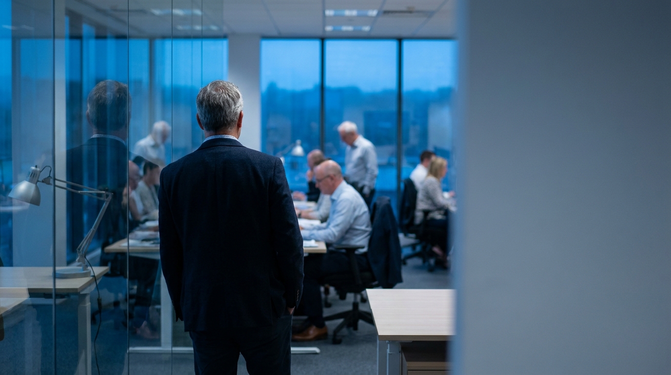 Eigenaar achter de glazen wand, op kantoor werkt zijn team